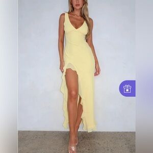 NWT Chiffon Deep V Neckline Ruffle Slit Maxi Dress - Yellow